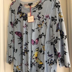 Talbots 3/4 sleeve cardigan sweater. Light blue with butterflies. XL